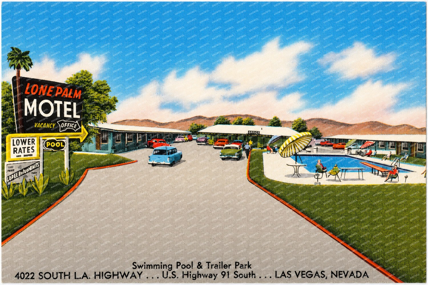 Las Vegas, NV: Lone Palm Motel, swimming pool & trailer park, 4022 South L.A. Highway... U.S. Highway 91 south... Las Vegas