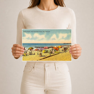 Bathing Beach, from boardwalk, Ocean City, Maryland — Vintage Maryland Postcard