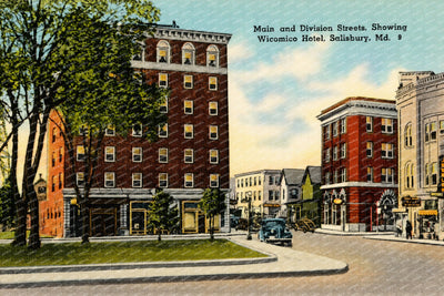 Main and Division Streets, showing Wicomico Hotel, Salisbury, MD — Vintage Maryland Postcard