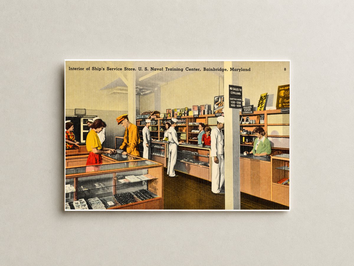 Interior of Ship's Service Store, U. S. Naval Training Center, Bainbridge, Maryland — Vintage Maryland Postcard