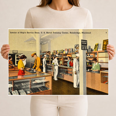 Interior of Ship's Service Store, U. S. Naval Training Center, Bainbridge, Maryland — Vintage Maryland Postcard