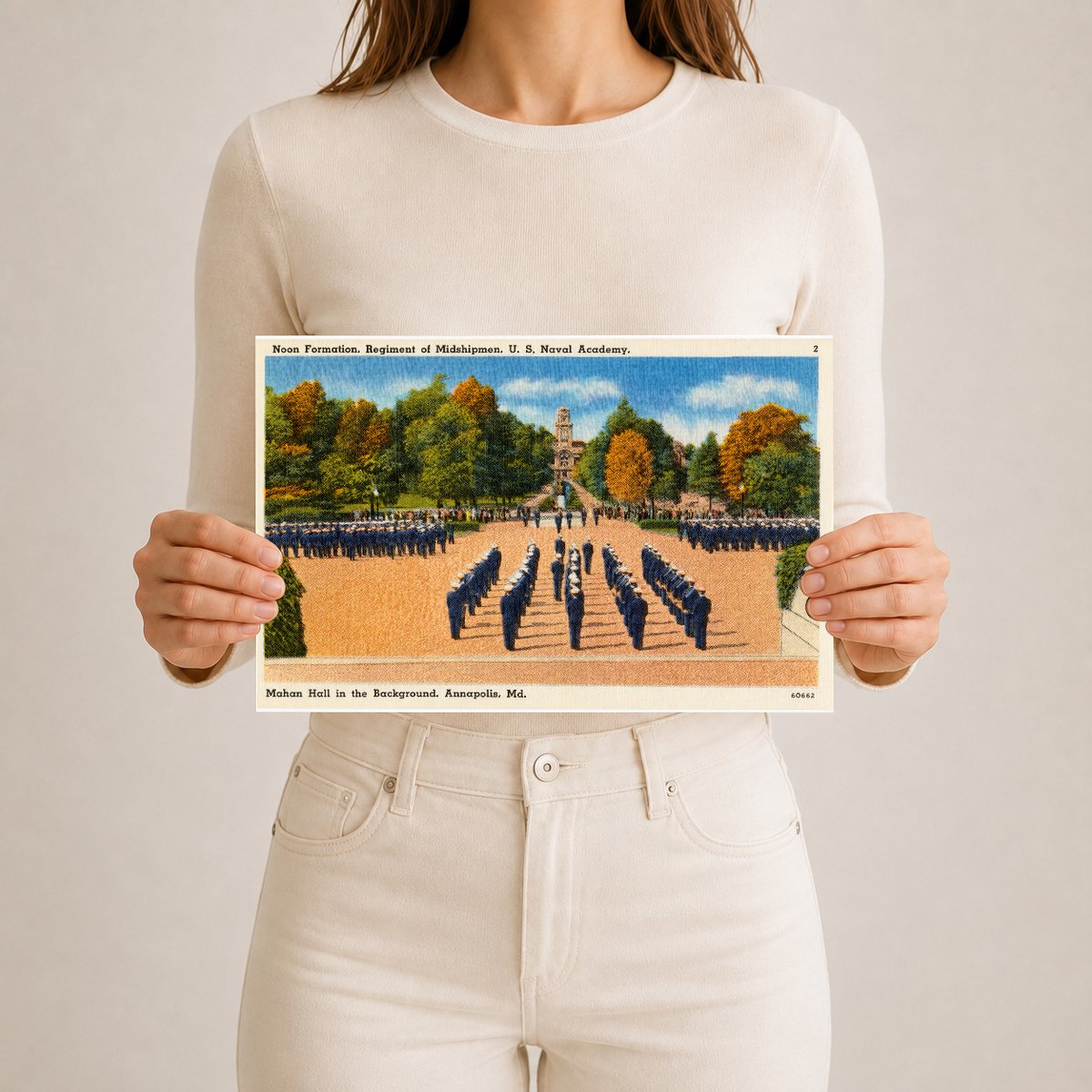 Noon formation, regiment of Midshipmen, U. S. Naval Academy, Mahan Hall in background, Annapolis, MD — Vintage Maryland Postcard