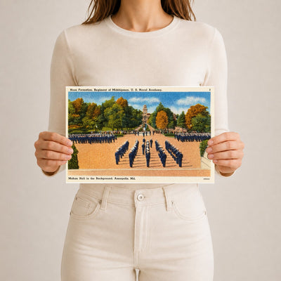 Noon formation, regiment of Midshipmen, U. S. Naval Academy, Mahan Hall in background, Annapolis, MD — Vintage Maryland Postcard