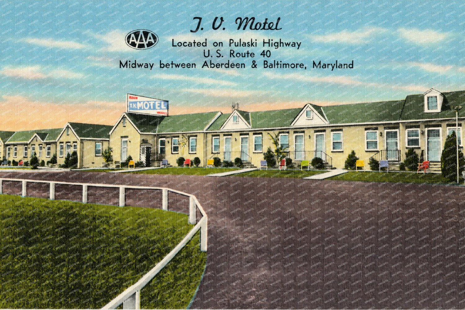 J. V. Motel, located on Pulaski Highway, U. S. Route 40 midway between Aberdeen & Baltimore, Maryland — Vintage Maryland Postcard