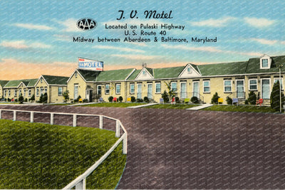 J. V. Motel, located on Pulaski Highway, U. S. Route 40 midway between Aberdeen & Baltimore, Maryland — Vintage Maryland Postcard