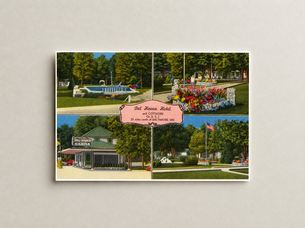 Del Haven Hotel and Cottages on U. S. 1, 23 miles north of Baltimore, MD — Vintage Maryland Postcard