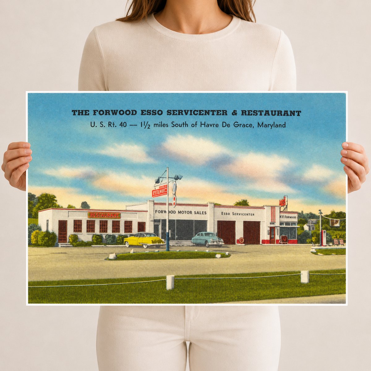 The Forwood Esso Servicecenter & Restaurant, U. S. Rt. 40 -- 1 1/2 miles south of Havre de Grace, Maryland — Vintage Maryland Postcard