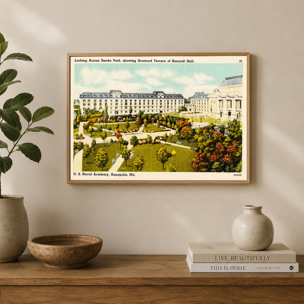 Looking across Smoke Park, showing seaward terrace of Bancroft Hall, U. S. Naval Academy, Annapolis, MD — Vintage Maryland Postcard