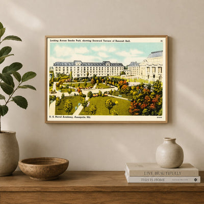 Looking across Smoke Park, showing seaward terrace of Bancroft Hall, U. S. Naval Academy, Annapolis, MD — Vintage Maryland Postcard