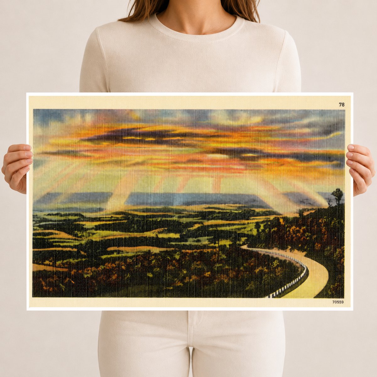 Sunset over road winding through nature. — Vintage Maryland Postcard