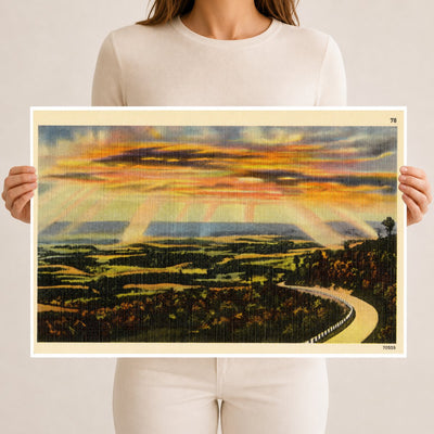 Sunset over road winding through nature. — Vintage Maryland Postcard