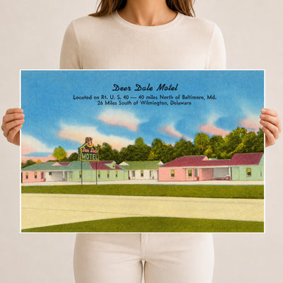 Deer Dale Motel, located on Route U. S. 40 -- 40 minutes north of Baltimore, MD, 26 miles south of Wilmington, Delaware — Vintage Maryland Postcard