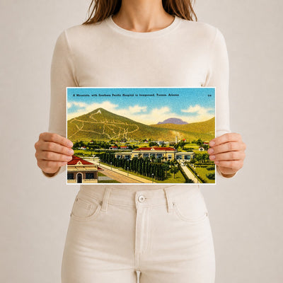 Tucson, AZ: A mountain with Southern Pacific Hospital in fore ground