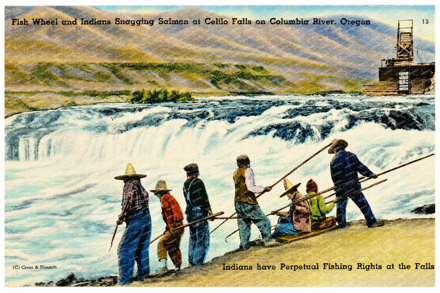 Columbia River, OR: Fish Wheel and Indian Snagging Salmon at Celilo Falls on Columbia River, Oregon. Indians have perpetual fishing rights at the falls.