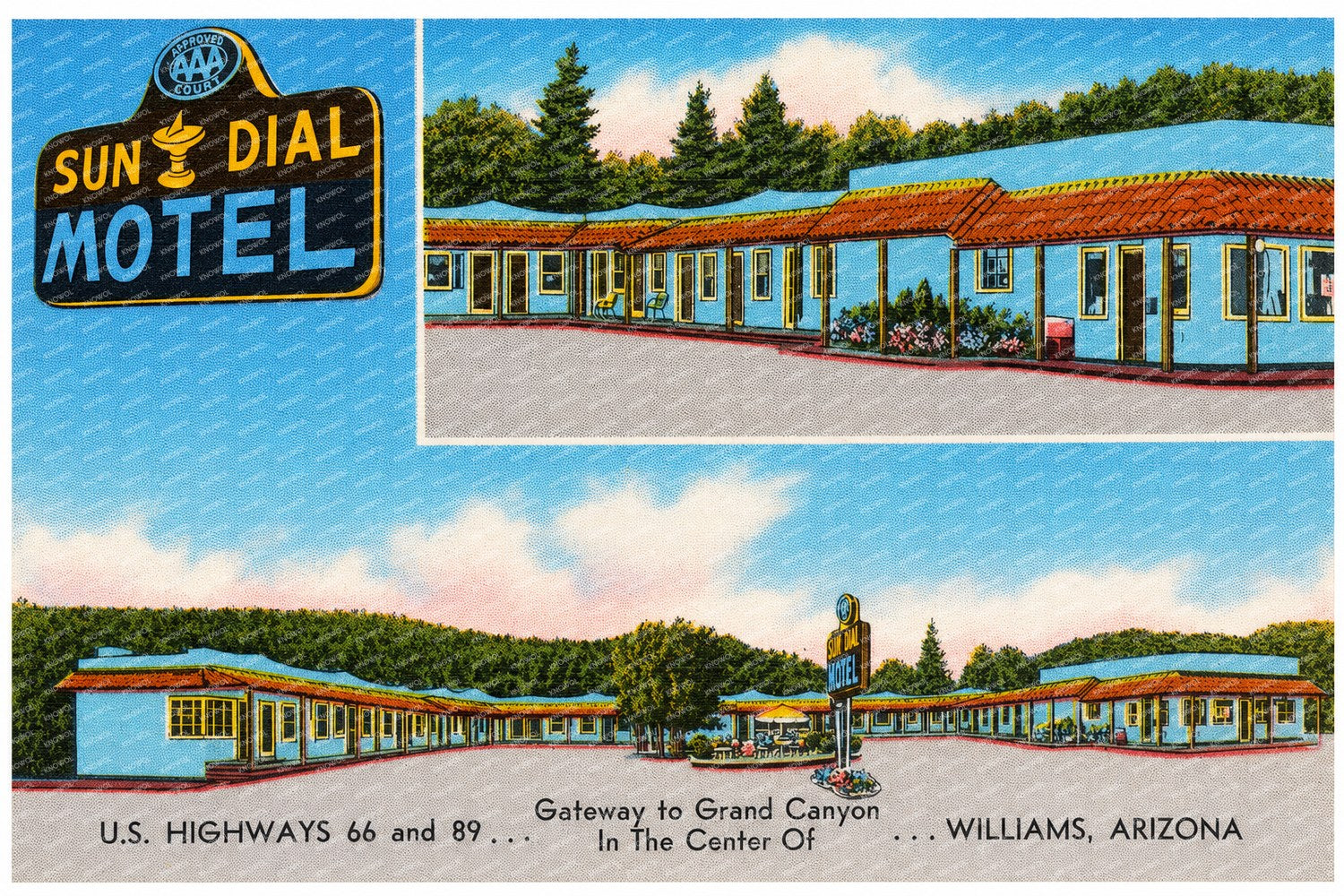 Williams, AZ: Sun Dial Motel, gateway to Grand Canyon, U.S. highways 66 and 89, in the center of