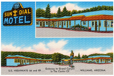 Williams, AZ: Sun Dial Motel, gateway to Grand Canyon, U.S. highways 66 and 89, in the center of