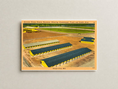 Airview Ocean Downs Raceway, showing grandstand, track and stable area, Ocean City, MD — Vintage Maryland Postcard