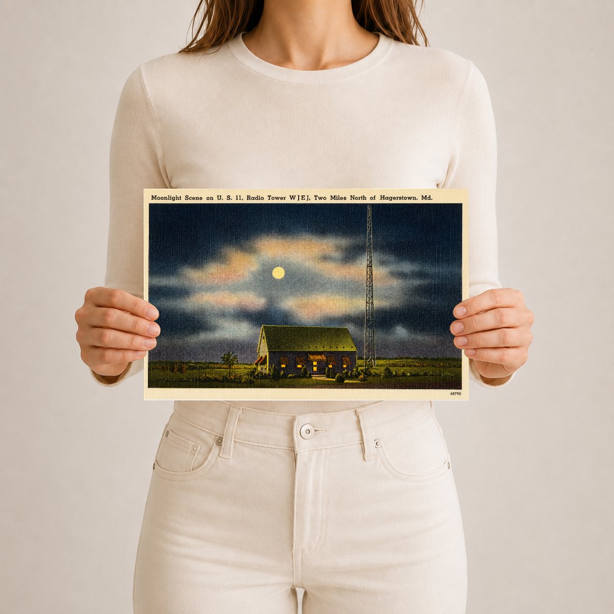 Moonlight scene on U.S. 11, radio tower W J E J. Two miles north of Hagerstown, MD — Vintage Maryland Postcard