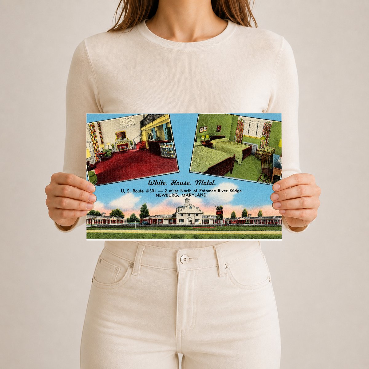 White House Motel, U. S. Route #301 -- 2 miles north of Potomac River Bridge, Newburg, Maryland — Vintage Maryland Postcard