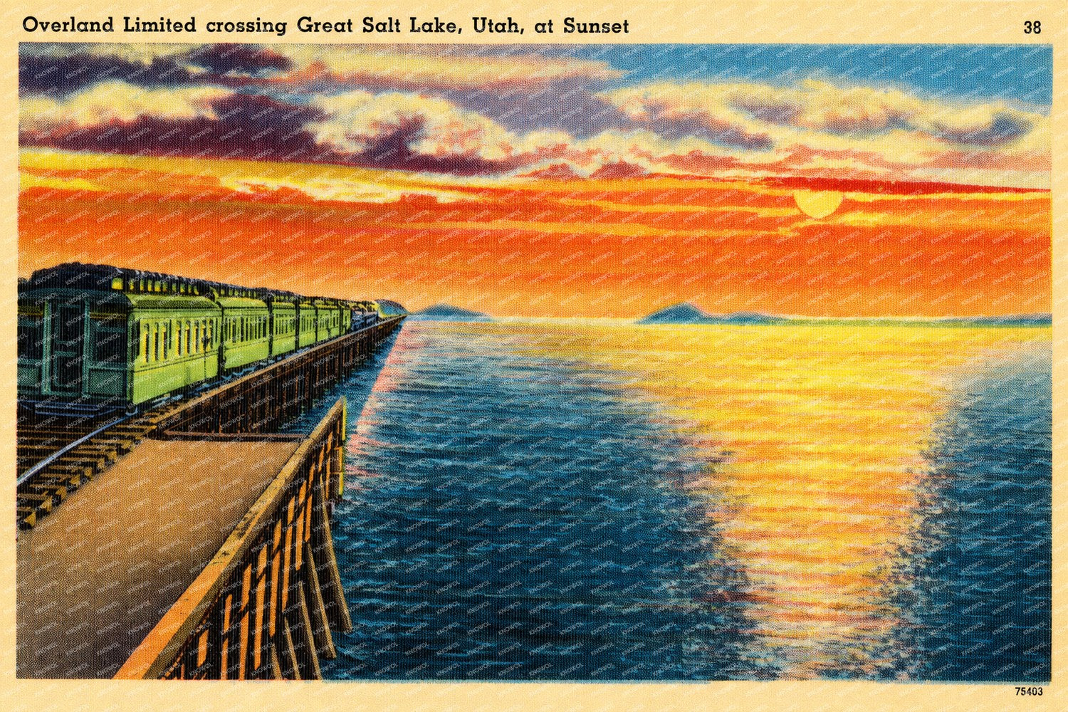 Great Salt Lake, UT: Overland Limited crossing Great Salt Lake, Utah, at sunset