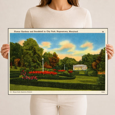 Flower gardens and bandshell in City Park, Hagerstown, Maryland — Vintage Maryland Postcard