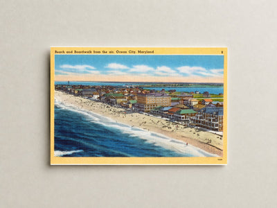 Beach and boardwalk from the air, Ocean City, Maryland — Vintage Maryland Postcard