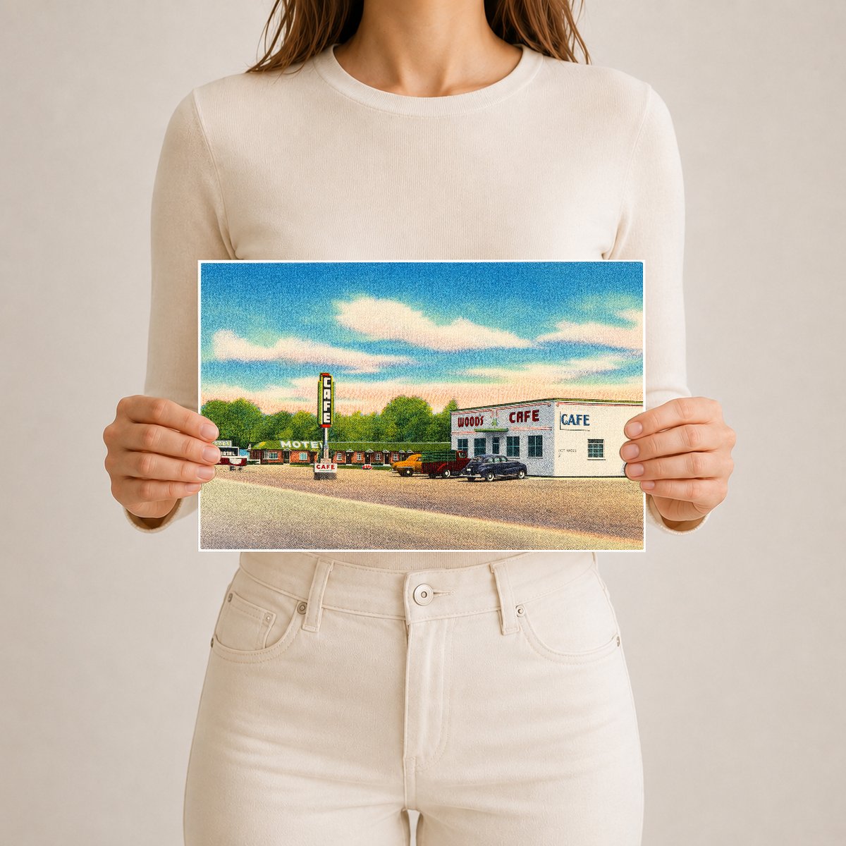 Europe, WY: Wood's Motel & Café, ultra modern and steam heat, located East Evanston, Wyoming, on Hiway 30S