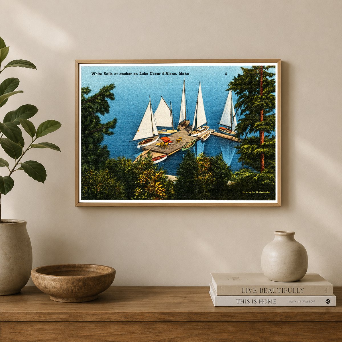 Coeur d'Alene Lake, ID: White sails at anchor on Lake Coeur d'Alene