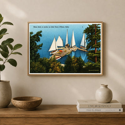 Coeur d'Alene Lake, ID: White sails at anchor on Lake Coeur d'Alene