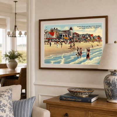 Bathing Beach and shore front cottages and hotels, Ocean City, Maryland — Vintage Maryland Postcard