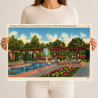 Fountain and pergola in formal garden at Pangborn Public Park, Hagerstown, MD — Vintage Maryland Postcard