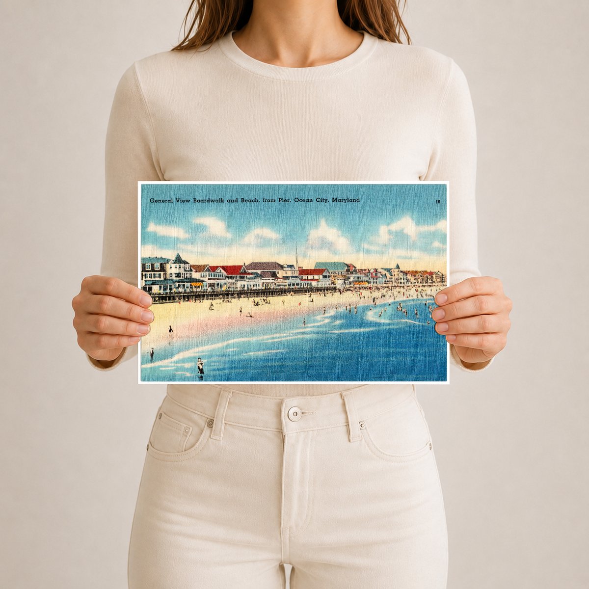 General view boardwalk and beach, from pier, Ocean City, Maryland — Vintage Maryland Postcard