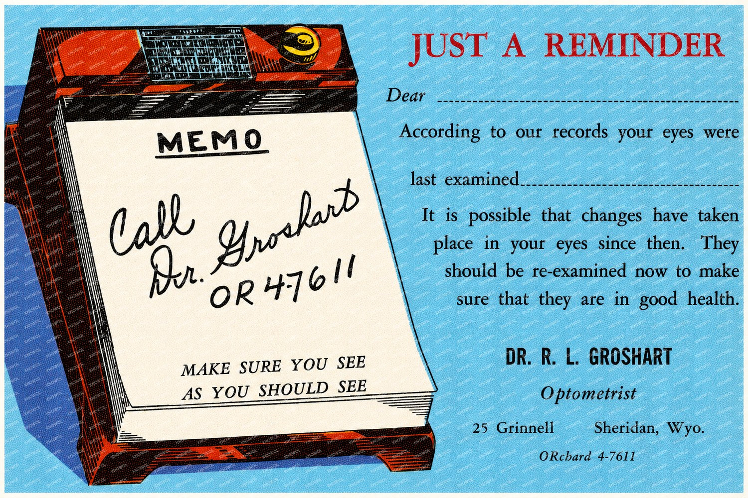 Sheridan, WY: Dr. R. L. Groshart, Optometrist, 25 Grinnell