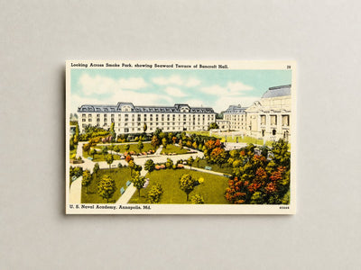 Looking across Smoke Park, showing seaward terrace of Bancroft Hall, U. S. Naval Academy, Annapolis, MD — Vintage Maryland Postcard