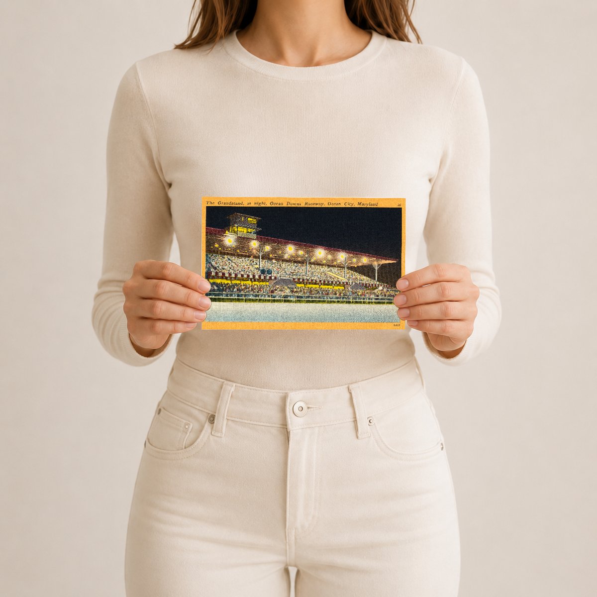The grandstand, at night, Ocean Downs Raceway, Ocean City, Maryland — Vintage Maryland Postcard