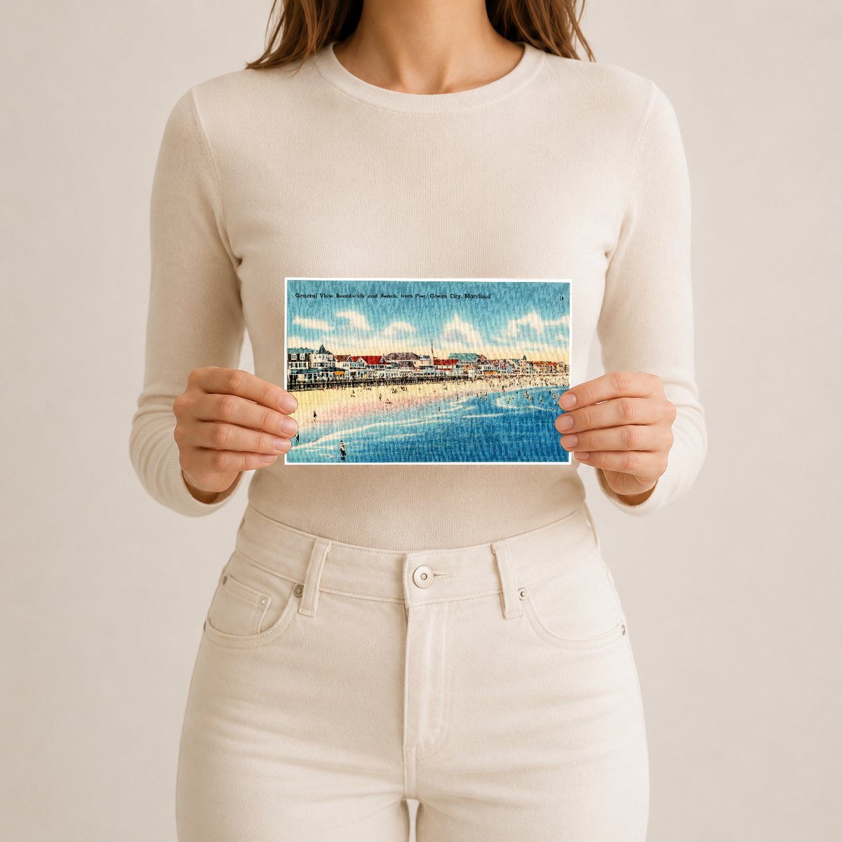 General view boardwalk and beach, from pier, Ocean City, Maryland — Vintage Maryland Postcard