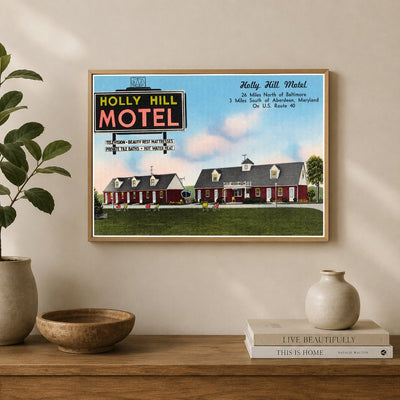 Holly Hill Motel, 26 miles north of Baltimore, 3 miles south of Aberdeen, Maryland, on U. S. Route 40 — Vintage Maryland Postcard