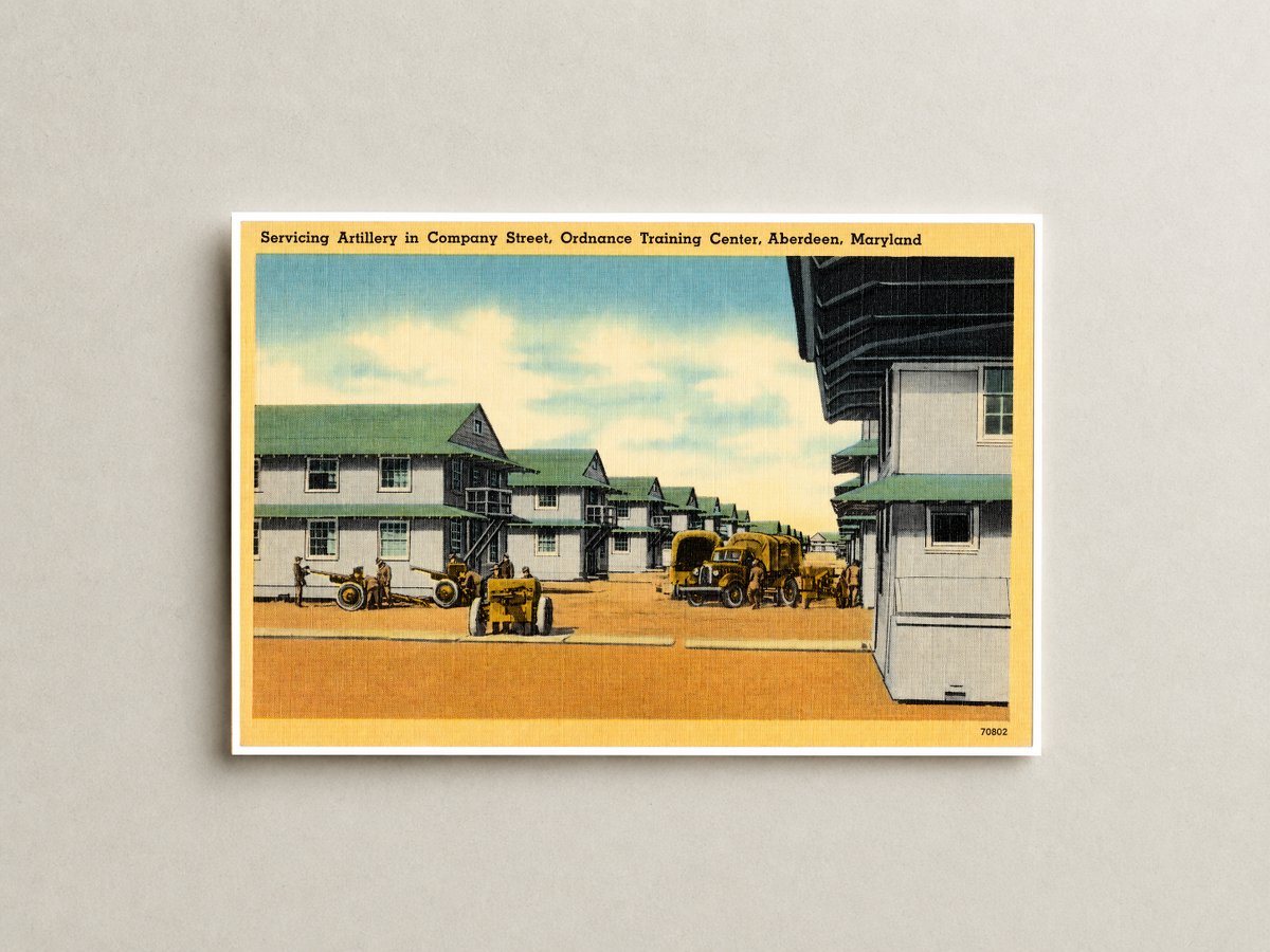 Servicing artillery in Company Street, Ordnanace Training Center, Aberdeen, Maryland — Vintage Maryland Postcard
