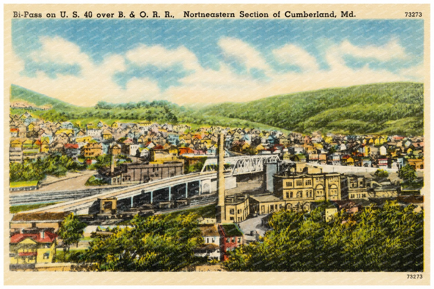 Bi-Pass on U. S. 40 over B & O. R. R., northeastern section of Cumberland, MD — Vintage Maryland Postcard