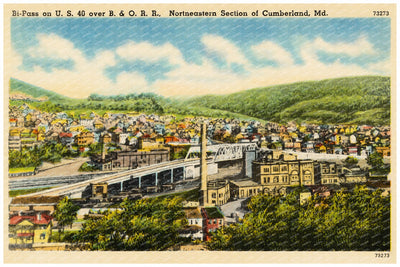 Bi-Pass on U. S. 40 over B & O. R. R., northeastern section of Cumberland, MD — Vintage Maryland Postcard
