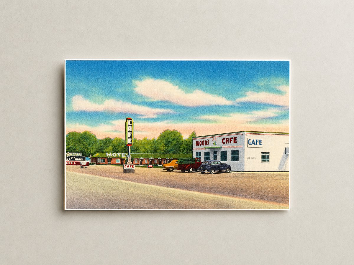 Europe, WY: Wood's Motel & Café, ultra modern and steam heat, located East Evanston, Wyoming, on Hiway 30S