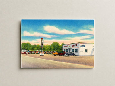 Europe, WY: Wood's Motel & Café, ultra modern and steam heat, located East Evanston, Wyoming, on Hiway 30S