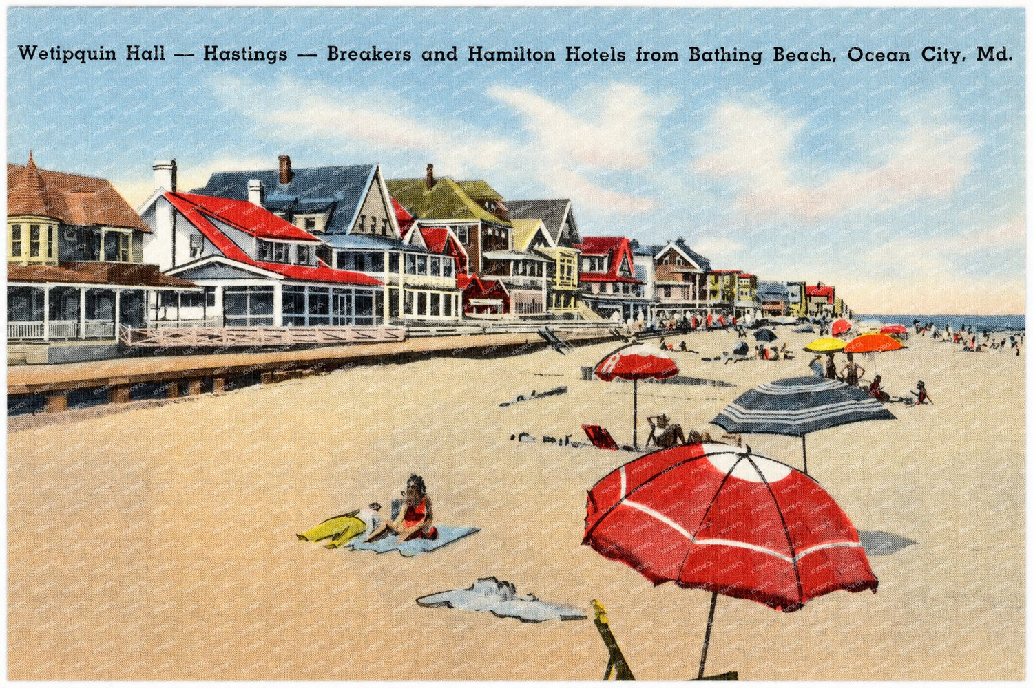 Wetipquin Hall -- Hastings -- breakers and Hamilton Hotels from Bathing Beach, Ocean City, MD — Vintage Maryland Postcard