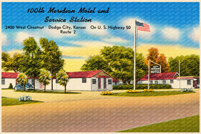 Dodge City, KS: 100Th Meridian Motel and Service Station, 2400 West Chestnut, Dodge City, Kansas, on U. S. Highway 50, Route 2