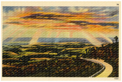 Sunset over road winding through nature. — Vintage Maryland Postcard