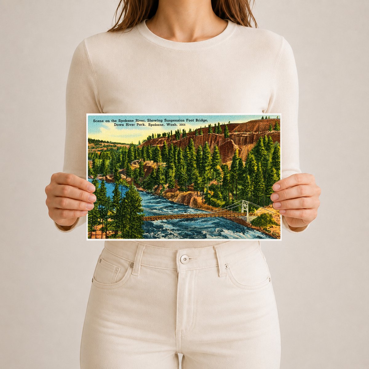 Spokane, WA: Scene on the Spokane River, showing suspension foot bridge, Down River Park