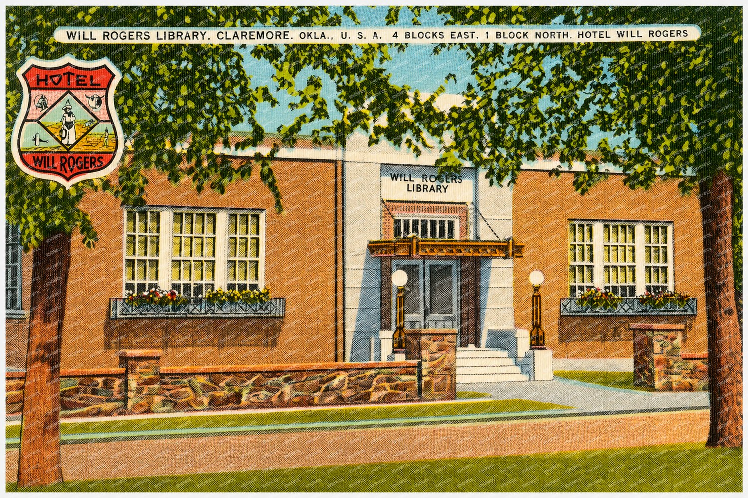Claremore, OK: Will Rogers Library, Claremore, Okla., U.S.A., 4 blocks east, 1 block north, Hotel Will Rogers