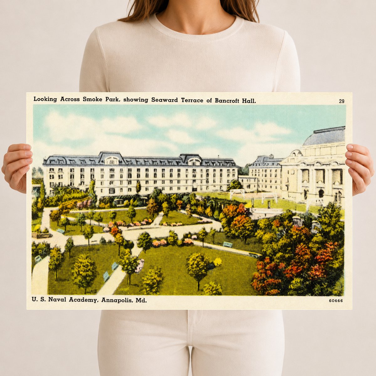 Looking across Smoke Park, showing seaward terrace of Bancroft Hall, U. S. Naval Academy, Annapolis, MD — Vintage Maryland Postcard