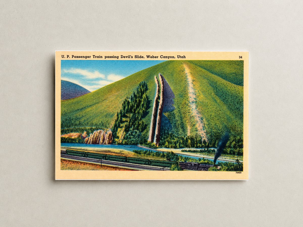 Weber Canyon, UT: U. P. Passenger Train passing Devil's Slide