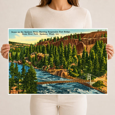 Spokane, WA: Scene on the Spokane River, showing suspension foot bridge, Down River Park